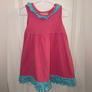 Girls' Bright Pink Sleeveless Dress with Aqua Ruffle Trim